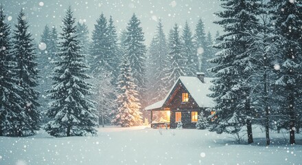 Snowy cabin in forest