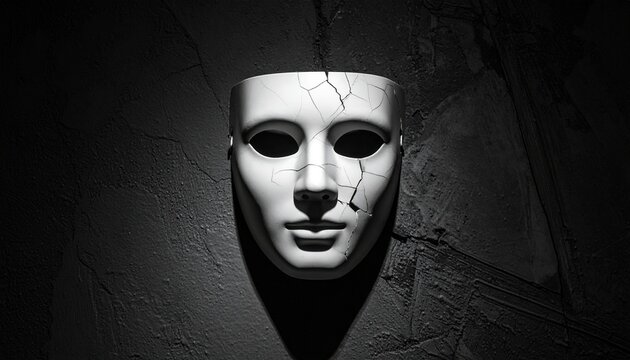 Cracked White Mask with Red Lips on Dark Wall