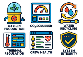 Space habitat systems icons featuring oxygen production and crew health management