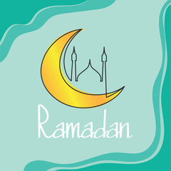 Golden crescent moon with a mosque silhouette inside. Vector illustration for the Holy Ramadan
