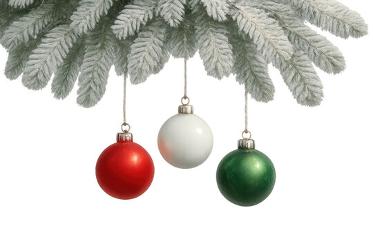Flocked christmas tree branch hanging three metallic baubles in traditional red, white, and green colors, on transparent background - Powered by Adobe