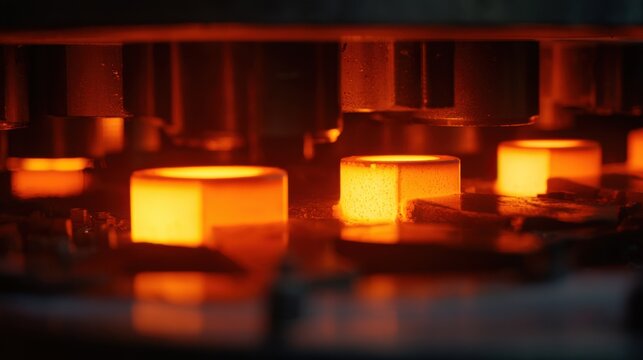Medium shot focusing on mediumlevel case hardening showing steel components in a controlled carburizing environment with glowing surfaces.