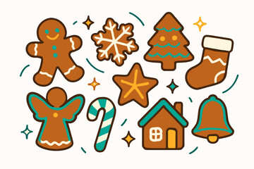 Fototapeta premium Festive Gingerbread Delight. Gingerbread cookie shapes. Various cookies in classic holiday forms lie on a flat