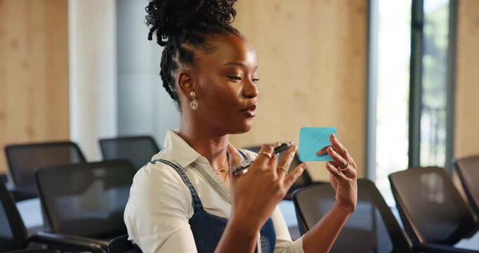 Employee, woman and practice for speech, office and planning for meeting with notes, talk and ideas. Speaker, preparation and black person with info for presentation, rehearsal and getting ready