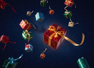 Colorful gifts falling from the starry sky with bright bows, creating a magical and festive scene ideal for Christmas campaigns, special promotions and seasonal advertising with high visual impact.
