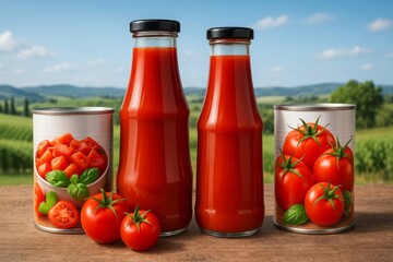 Two bottles of red tomato sauce and two cans of tomatoes displayed on a rustic wooden table in the countryside.