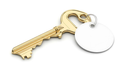 Golden key with blank white tag and ring on white background, symbolizing new home, access, or opportunity