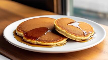 Delicious stack of fluffy pancakes generously drizzled with golden maple syrup served on a white plate