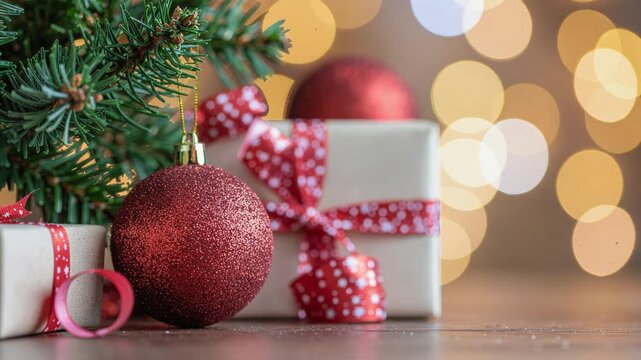 A close-up shot of Christmas gifts and ornaments next to a decorated Christmas tree with bokeh lights in the background.