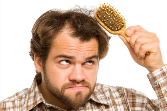 A man with a beard is brushing his hair, looking concerned about his thinning locks, showcasing a moment of self-grooming and contemplation.