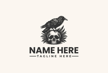 Vector illustration of a crow perched on a skull with sunburst design and placeholder text for a logo or brand identity in a bold, monochromatic style against a clean white background.
