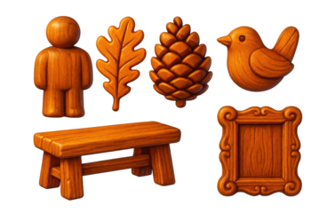 Vibrant Woodcraft Icons. 3D icon set of carved woodcraft: wooden figurine, oak leaf, pinecone, hand-carved bird, rustic bench,