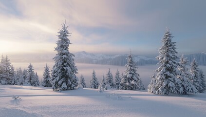 A serene winter landscape in the mountains featuring snow-covered terrain, tall pine trees, and a soft layer of mist drifting through the valley