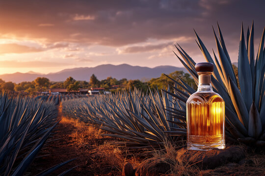 Blue agave field at sunrise with a tequila bottle placed in the foreground for product presentation
