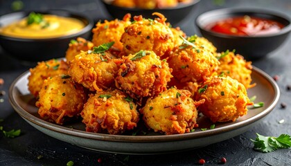 Golden-Brown Fried Snack Balls with Herb Garnish and Dipping Sauces on White Plate