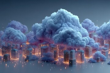 Blue cloud city: an isometric cityscape with glowing towers and misty night sky