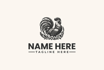 Black and white illustration of a rooster with a leafy wreath on a beige background, featuring placeholder text for a logo or brand name.