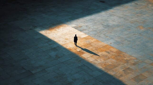 A silhouette of a man walking on the beach at sunset casts a long shadow on the sand