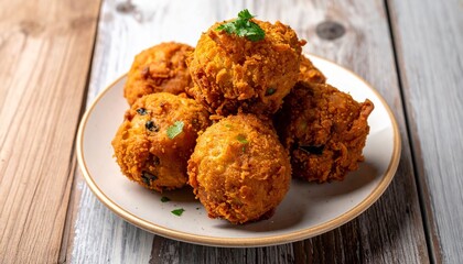 Golden-Brown Fritters in Gray Bowl with Mint Garnish on Rustic Wooden Surface