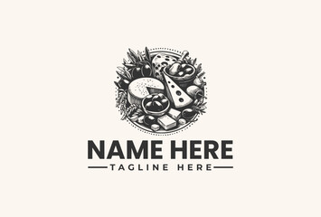 Black and white vector illustration of a food-themed logo with a pie chart on a clean white background for branding purposes.