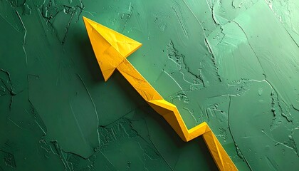 Yellow Upward Arrow on Textured Green Background with Artistic Brush Strokes