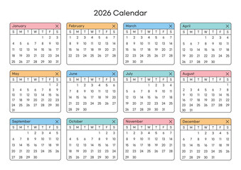 Minimalist 2026 calendar with clean monthly layouts, soft pastel colors, and modern design, ideal for planners, organizers, and productivity templates.
