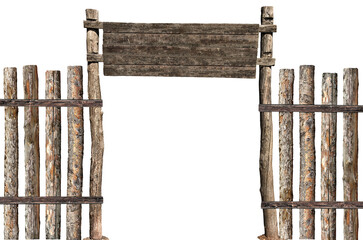 wooden gate made of logs and planks isolated on white background