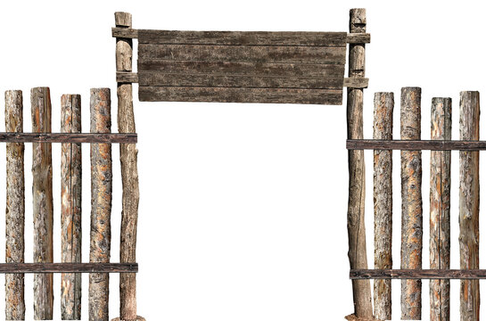 wooden gate made of logs and planks isolated on white background