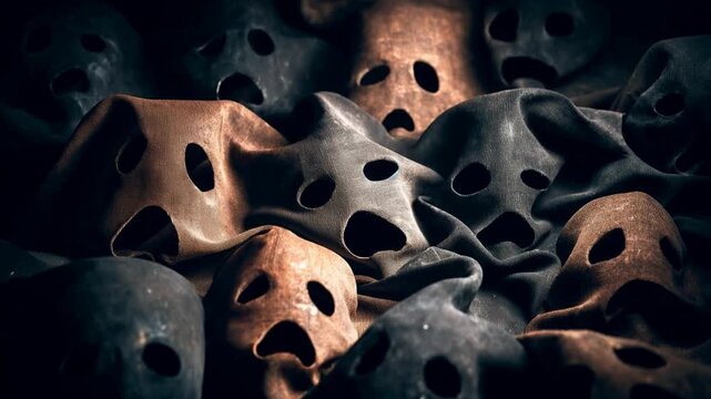 Group of eerie skull masks with hollow eyes crowd together in darkness forming unsettling horror background perfect for halloween or thriller themes