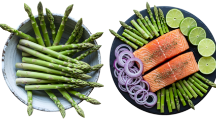 Fresh asparagus and salmon fillets with lime and onion isolated on transparent background