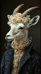 Elegant Goat in Fashionable Attire with Flower Crown and Scarf, Animal Fashion Model