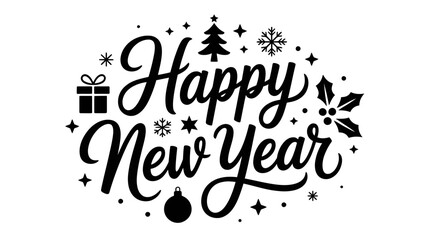 Happy New Year Celebration Text with Christmas Tree Snowflakes and Gifts