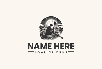 Black and white illustration of a person rowing a boat at sunset with a placeholder name and tagline on a plain beige background, featuring a vector logo design.