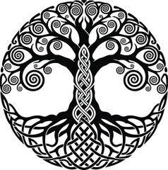 Celtic tree of life with intricate knotwork circular vector symbol