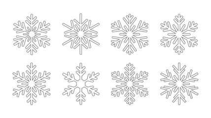 Collection of diverse snowflake icons simple line art vector illustrations for winter design elements isolated on white background