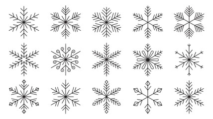 Collection of diverse snowflake icons delicate line art designs for winter holidays and weather concepts isolated on white background
