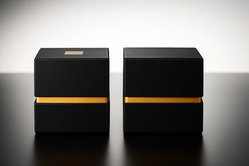 Luxury black packaging boxes with elegant gold interior lining opened display premium branding mockup