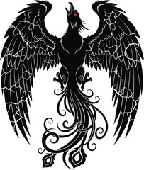Black phoenix bird mythical creature with ornate wings vector illustration