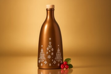 Bronze metallic bottle with white snowflake christmas decoration and red holly berries festive display
