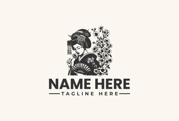 A black and white vector illustration of a woman holding a fan with floral patterns and text placeholder for 'NAME HERE' and 'TAGLINE HERE' on a light background.
