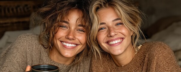 Two friends smiling and hugging in cozy sweaters, enjoying coffee together and sharing joy