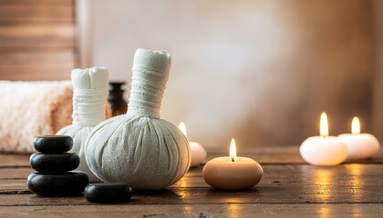 Spa relaxation setup with herbal compresses stones and warm glowing candles