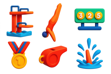 Diving Icons Set. 3D icon set of competitive diving: platform tower, diving pose, scoreboard, medal, whistle, water entry splash.