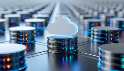 Cloud computing concept with glowing data servers in a digital network