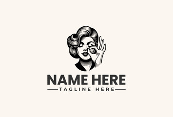 Black and white illustration of a woman's face with a hand gesture, logo design concept with placeholder text on a plain background.