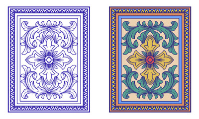 Set ornate geometric carpet with damask floral pattern elements. Vector illustration