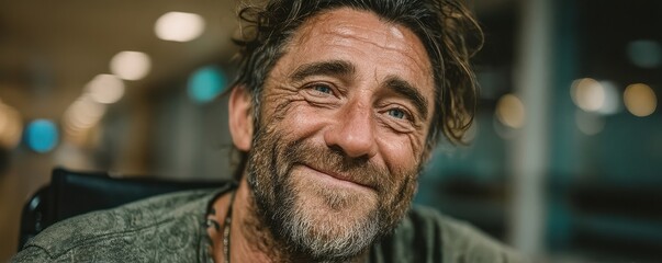 Obraz premium Smiling man in a green shirt portrait with warm, friendly expression indoors