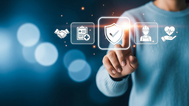 Hand touching virtual shield digital insurance health worker protection life care future security Comprehensive benefits