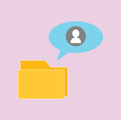 Illustration of a yellow folder icon with bubble text or conversation symbols containing a person's contact profile, depicting data storage or management. Documents, computers, digital, laptops.