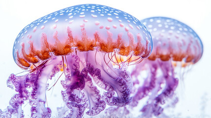 Close-up of two transparent jellyfish with purple tentacles and spotted bell swimming underwater in ocean marine life environment bright blue background macro photography